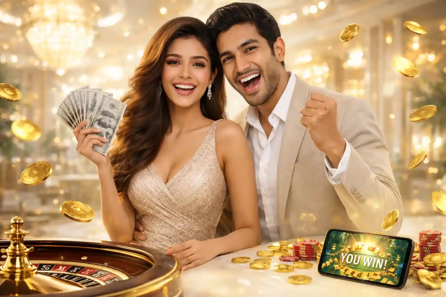 Happy couple celebrating mobile casino win with coins and smartphone