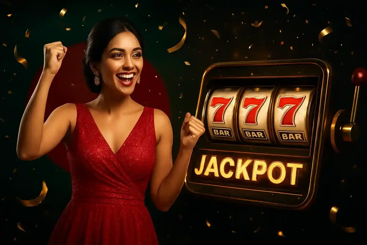 Mulher feliz celebrando jackpot em caça-níqueis com confetes dourados